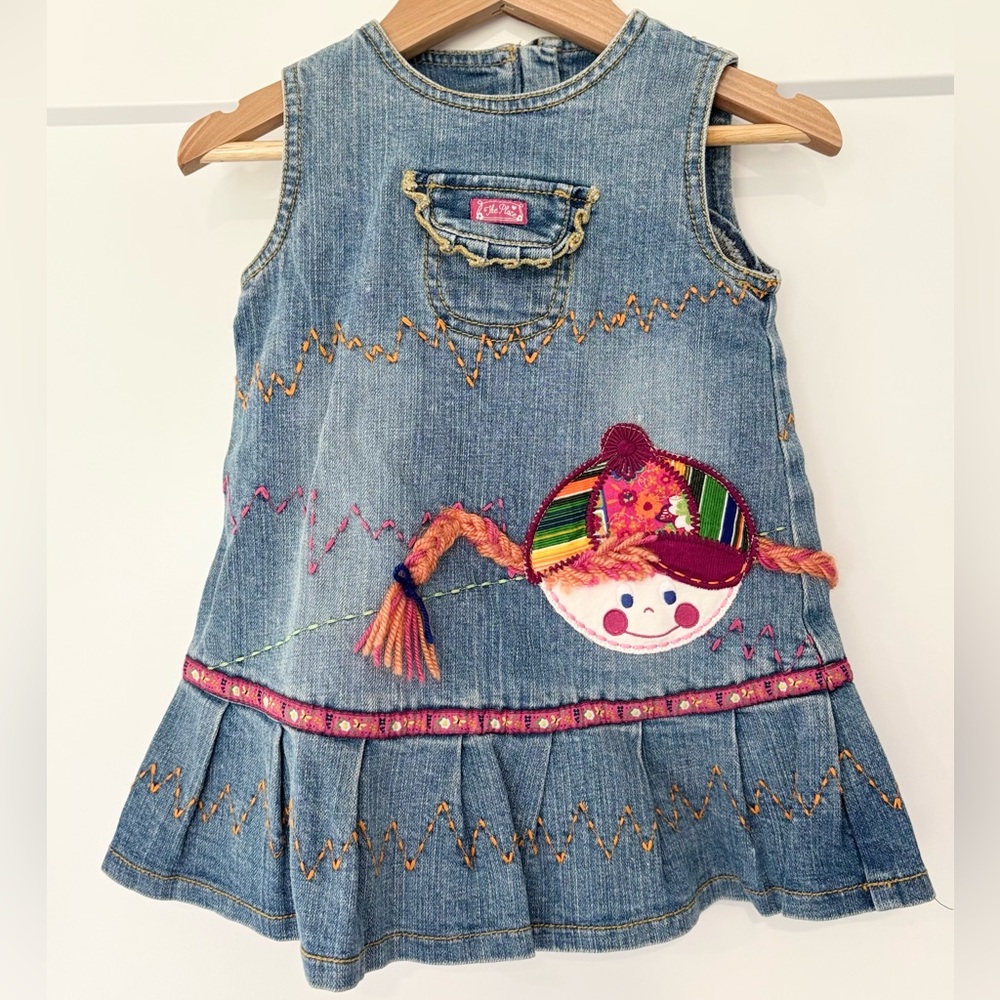 Vintage 90s Y2K The Children’s Place Red Head Girl Embroidered Denim Dress